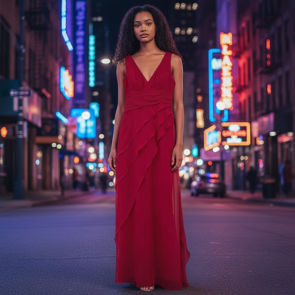 Max and Cleo Gown Womens 4 Burnt Red Tiered Ruffle V-Neck Formal Maxi